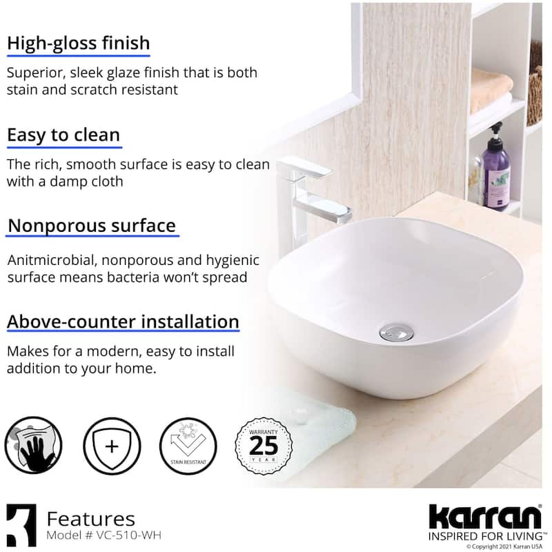 Karran USA VC-510 Valera 16-3/4" Square Vitreous China Vessel Bathroom