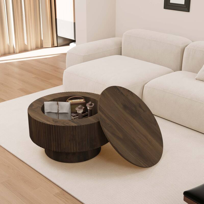 29.53" MDF Modern Circular Coffee Table, with Circular Stripe Design and Storage Space, Suitable for Home & Kitchen
