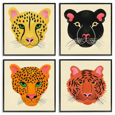 Stupell Modern Jungle Wildlife Faces Framed Giclee Art Design By Carrie Cantwell (Set of 4)