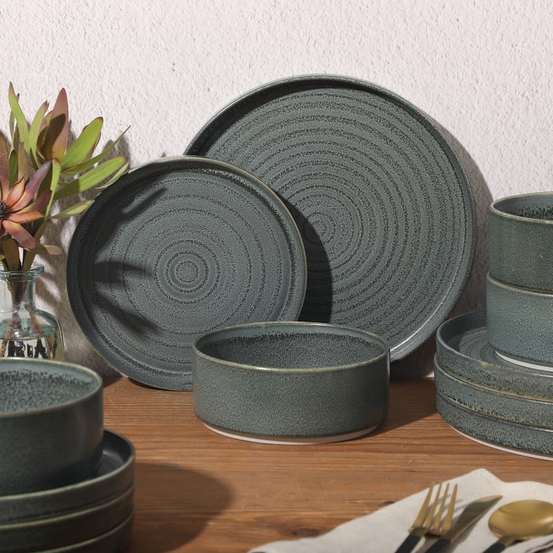 Gibson Elite Echo Bay 12 Piece Porcelain Reactive Glaze (Service for 4) Ceramic Plates and Bowls Dinnerware Set
