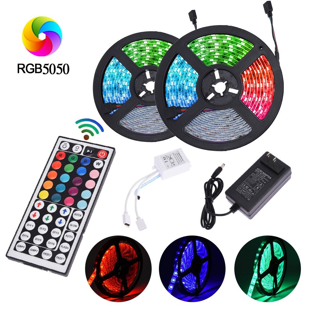 10M Ultra Long RGB Waterproof 600 5050 LED Strip Light 5050 44 Key Remote 12V 6A Power Kit With 44-key remote