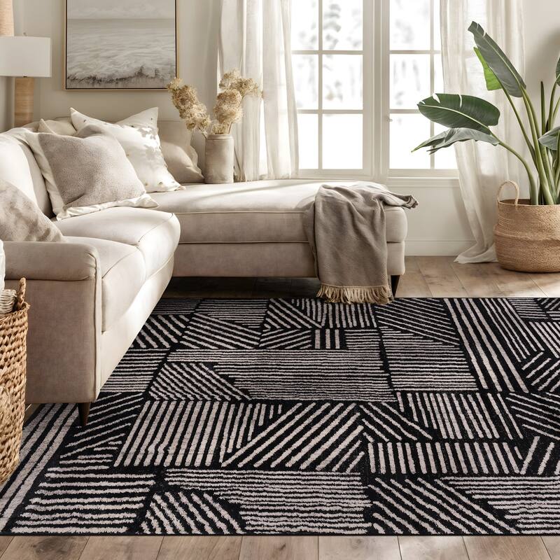 World Rug Gallery Contemporary Boho Stripes Black Area Rug - 5' x 7'