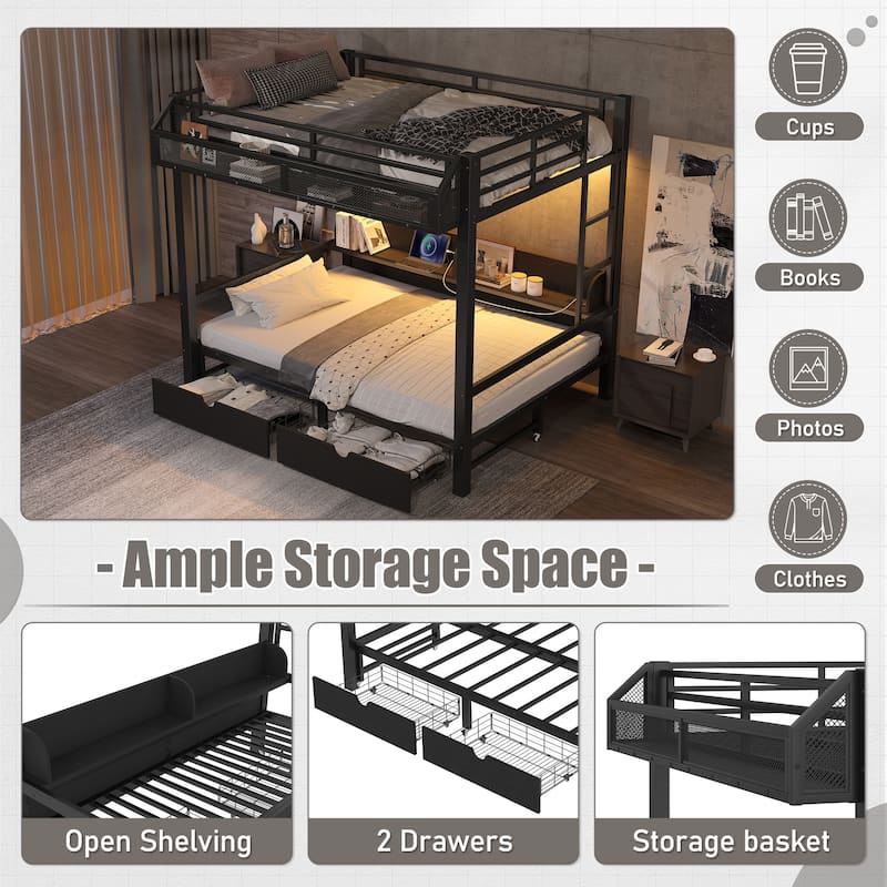 Full over Full Bunk Bed with Storage Shelves and Drawers,Multifunctional Metal Bunk Beds with USB Ports and LED Lights