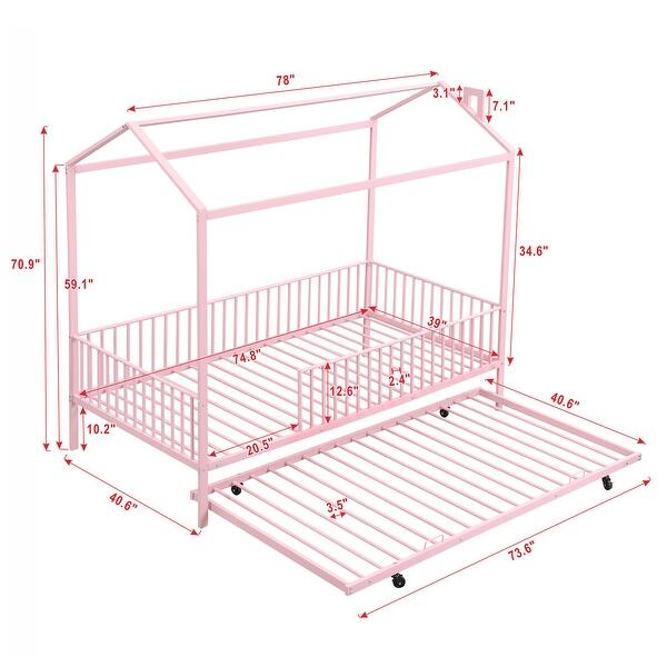 Twin Size House-shaped Platform Bed with Full-length Fence, Metal Bed with Trundle for Bedroom, Pink