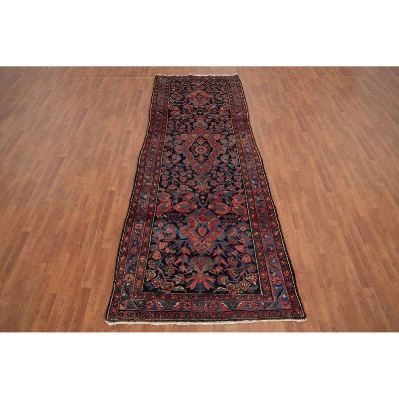 Hand Knotted Oriental 100% Wool Carpet Traditional Floral Navy Blue & Blues Lilian Runner Rug - 12' 2'' X 4' 5''