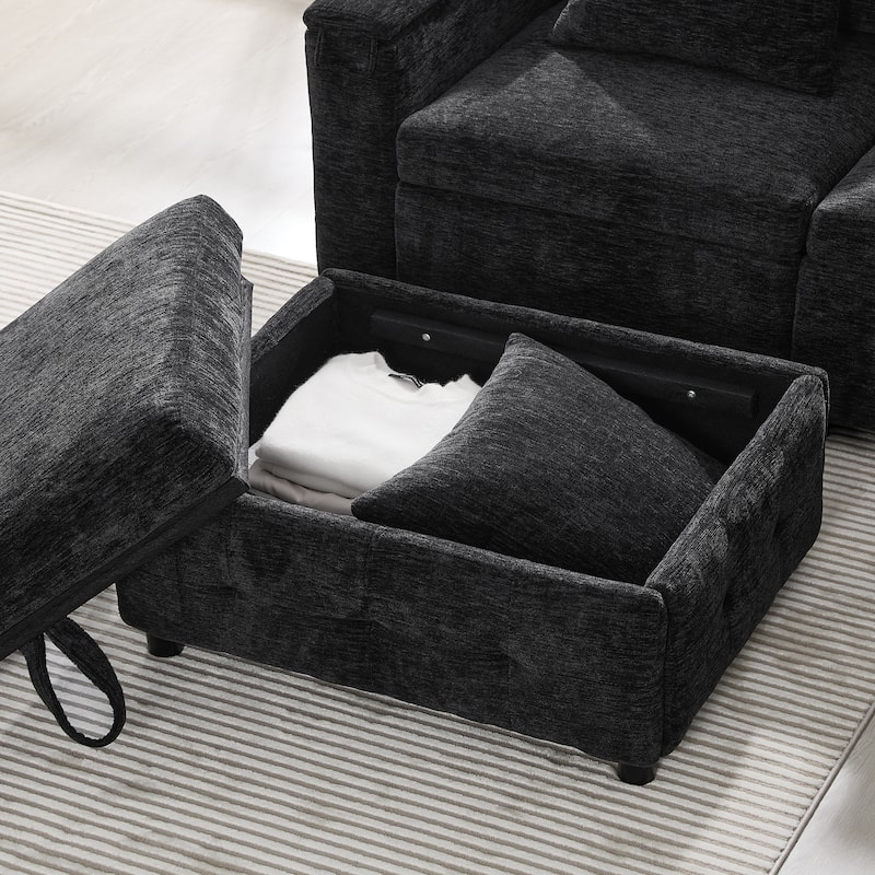 Roomfitters 117"x90" Modular Sectional Sofa Bed with Pull-Out Design, Flip-Up Table, Charging Ports, Storage Ottoman