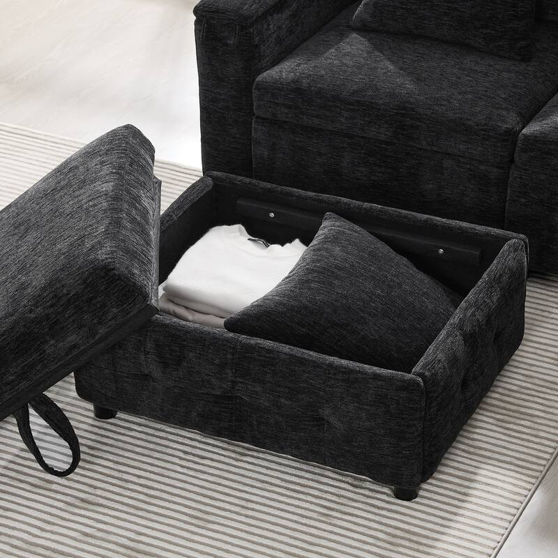 Tufted Chenille Sectional Sofa with Pull-out Bed, Flip-up Table Panel, Reading Lamp, Charging Ports, Storage Ottoman, 6 Pillows