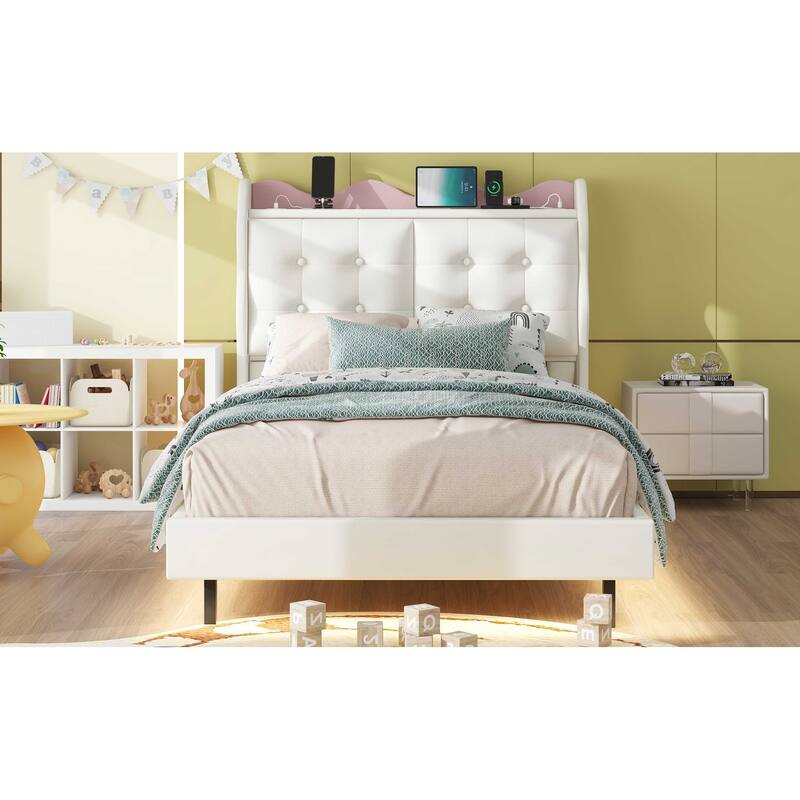 Twin Upholstered Platform Bed with LED Lights, Storage Headboard & USB Ports