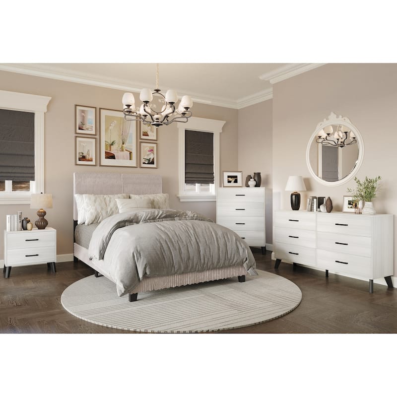 CraftPorch Corduroy 4-pieces Mid-Century Modern Light Pink Twin Size Bed with Light Grey Furniture Bedroom Set