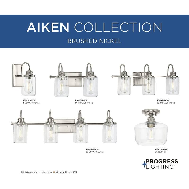 Aiken Collection One-Light Brushed Nickel Clear Glass Farmhouse Flush Mount Light - 9 in x 9 in x 9 in