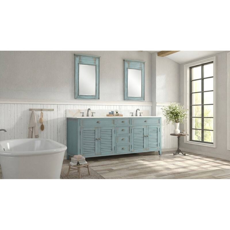 72 Inch Abbeville Double Sink Bathroom Vanity - Distressed Blue Farmhouse Style