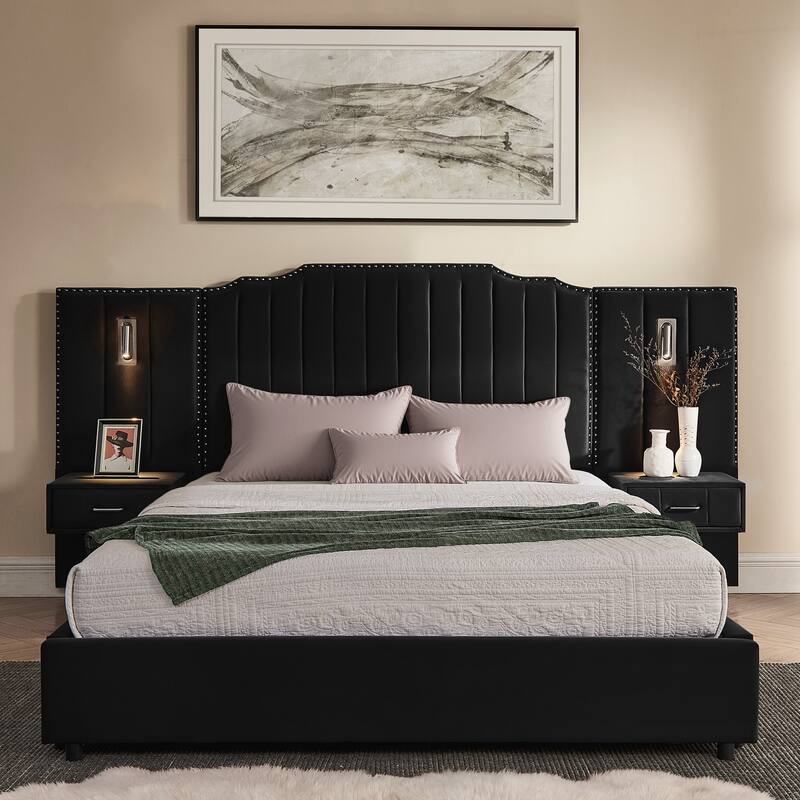 Queen Size Upholstered Bed Frame , Vertical Stripe Design with Buttons Around Platform Bed with Headboard