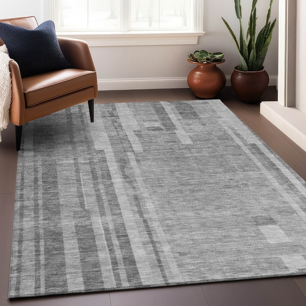 Machine Washable Indoor/ Outdoor Modern Stripes Chantille Rug