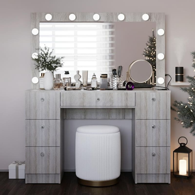 Boahaus Makeup Vanity 7 Drawers Lighted Crystal Knobs USB Port - Grey