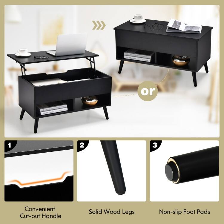 31.5 Inch Lift Top Coffee Table with Hidden Compartment and 2 Storage Shelves - 31.5" x 15.5" x 17.5" (L x W x H)