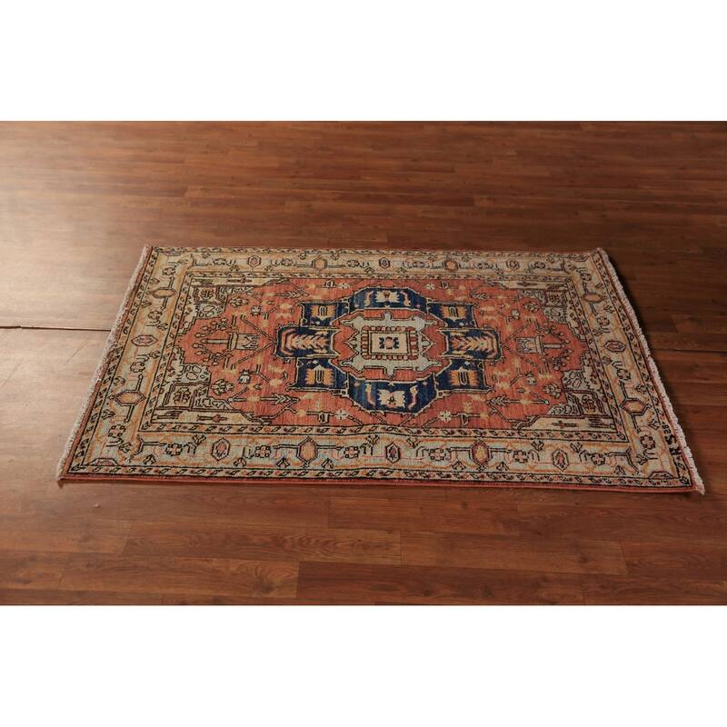 Orange Heriz Serapi Vegetable Dye Accent Rug Handmade Wool Carpet - 3'2"x 4'8"