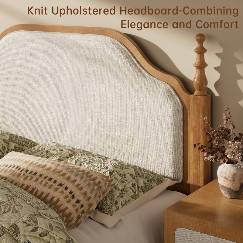 Classic Turned Post Wood Bed Frame with Upholstered Headboard, Sturdy Screw-Free Slats and Noise-Free Support