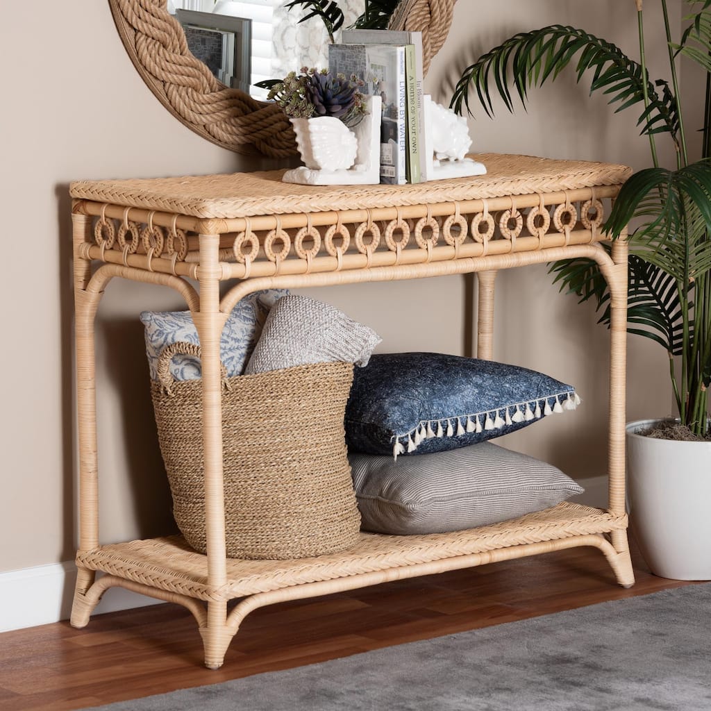 Oxford Braided Natural Rattan Console Table with Shelf - Coastal Boho Entryway or Hallway Table with Decorative Loop Detailing