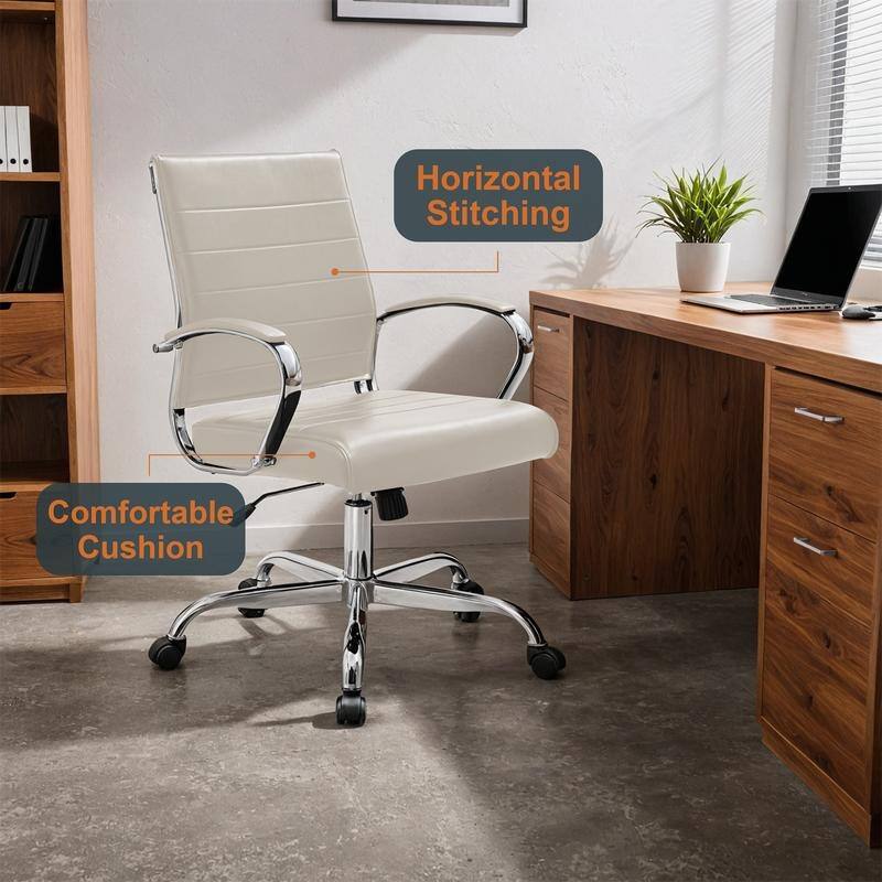 Benmar Leather Ribbed Office Chair with Chrome Frame, Adjustable Height, Tilt Lock, 360° Swivel, and Smooth Rolling Casters
