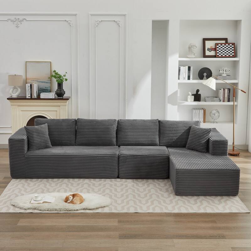 Modular Sectional Sofa with L-Shape Chaise, Oversized Corduroy Upholstered Cloud Sofa, Deep Seat Sofa with 2 Throw Pillows