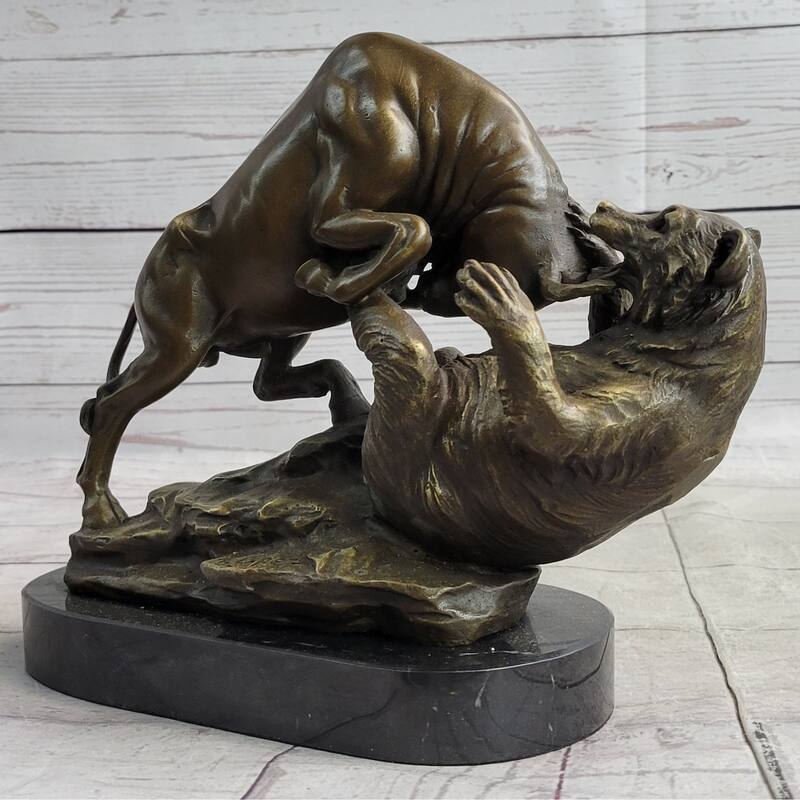 Stock Market Bull Vs Bear Bronze Sculpture Marble Base Statue Decor Gift Signed Original Art
