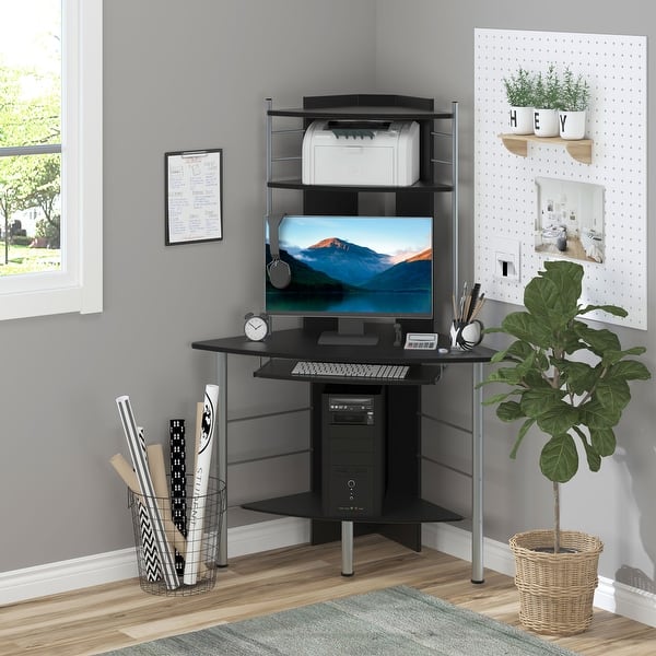 slide 2 of 6, HOMCOM Arch Tower Computer Desk Compact Modern Home Office Writing Workstation P2 MDF With Keyboard Tray And Shelves - Black