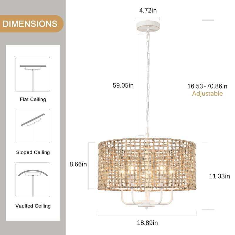 5 - Light Dimmable Drum Chandelier Natural Rattan Bohemian & Coastal Pendant - 18.9 in
