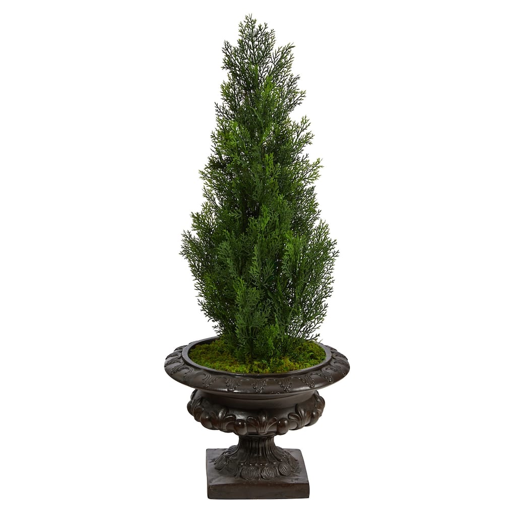 3.5ft Mini Cedar Artificial Pine Tree in Iron Colored Urn with UV Resistant Green Foliage for Indoor or Outdoor Use