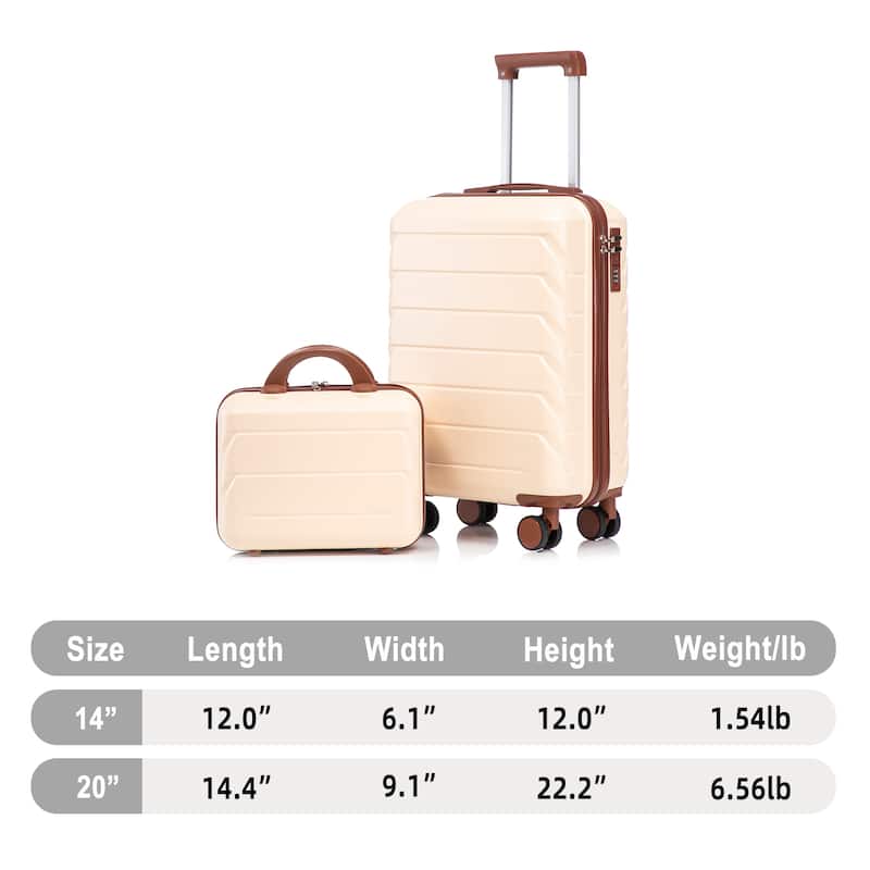 14"/20" 2-Piece, Modern Luggage Sets with Makeup Case, Spinner Wheel and Combination Lock, for Boarding Travel, Beige