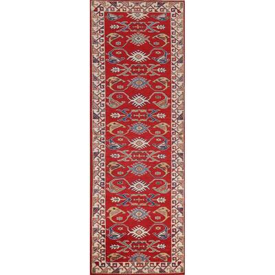 Red Geometric Kazak Oriental Runner Rug Handmade Wool Carpet - 2'7" x 9'8"