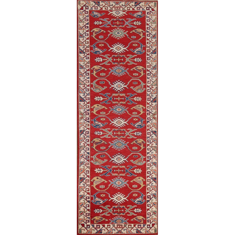 Red Geometric Kazak Oriental Runner Rug Handmade Wool Carpet - 2'7" x 9'8"