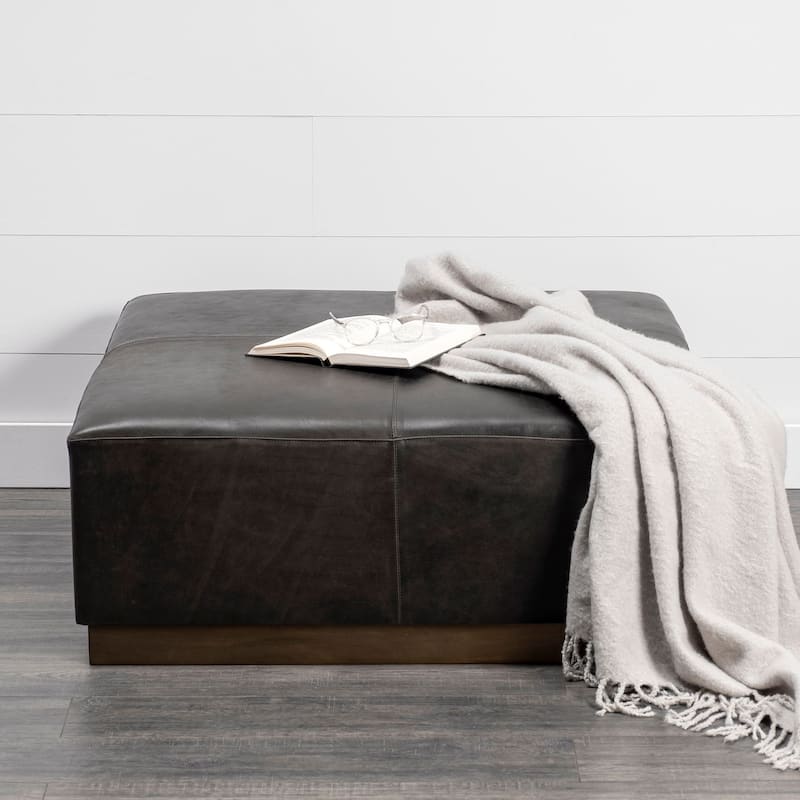 Minara Black Genuine Leather w/ Gold Metal Base 36" Square Ottoman