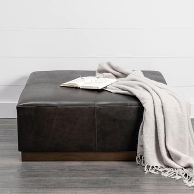 Minara Black Genuine Leather w/ Gold Metal Base 36" Square Ottoman