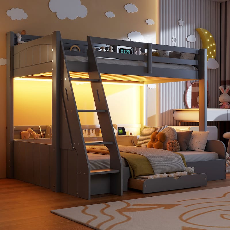 Twin over Full Wooden Bunk Bed with Charging Station, Solid Pinewood LED Storage Bed Frame with Storage Shelves and Drawer
