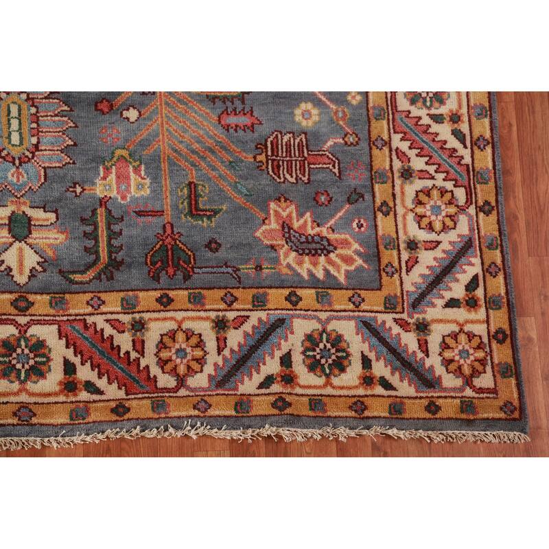 Gray Blue Geometric Oushak Oriental Area Rug Hand-Knotted Wool Carpet - 7'10" x 9'10"