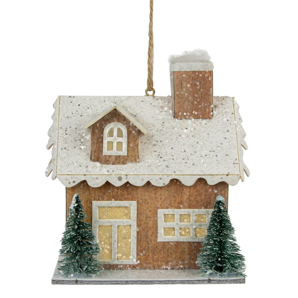 4" Battery Operated Tan Brown White Lighted House Christmas Ornament