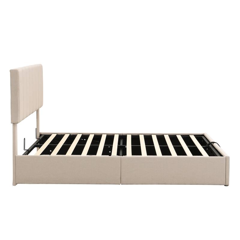 Hydraulic Lift Up Storage Bed, Linen Upholstered Platform Bed Frame with Vertical Panel Headboard, Wooden Slat Support