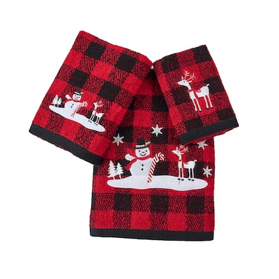 Xmas Premium Decor Soft 100% Cotton Embroidered Bathroom Modern 3 Piece ChristmasTowel Set, Red Black Plaid Snowman and Deer