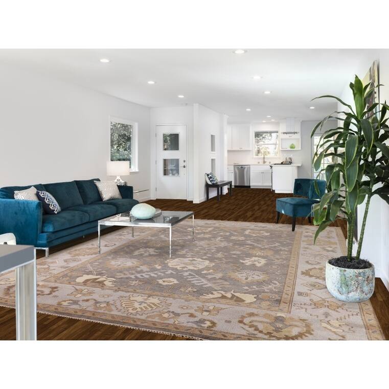 Gray Oushak Indian Area Rug Hand-Knotted Floral Wool Carpet - 9'3"x 11'7"