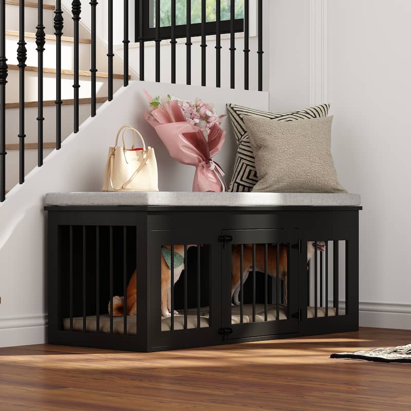 Chic Pet Haven: Luxe Wooden Dog Crate & Designer Home Bench - 47.2"