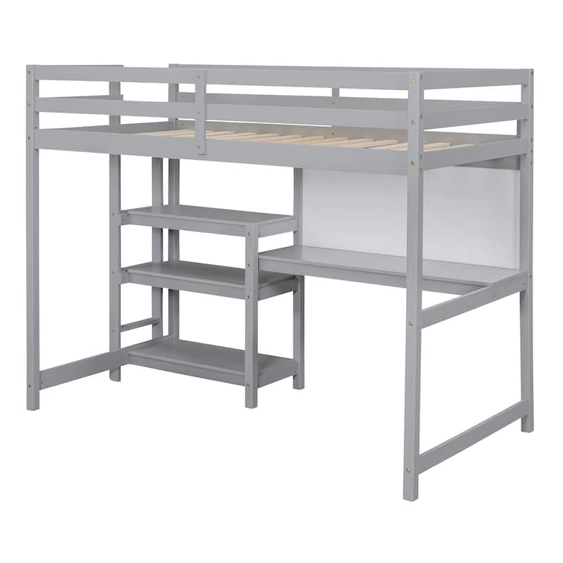 Space-Saving Twin Loft Bed with Study Desk, Shelves, and Guardrails