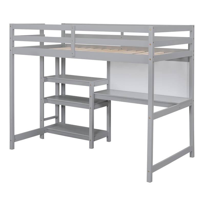 Wooden Twin/Full Size High Loft Bed with Built-in Desk and Shelves