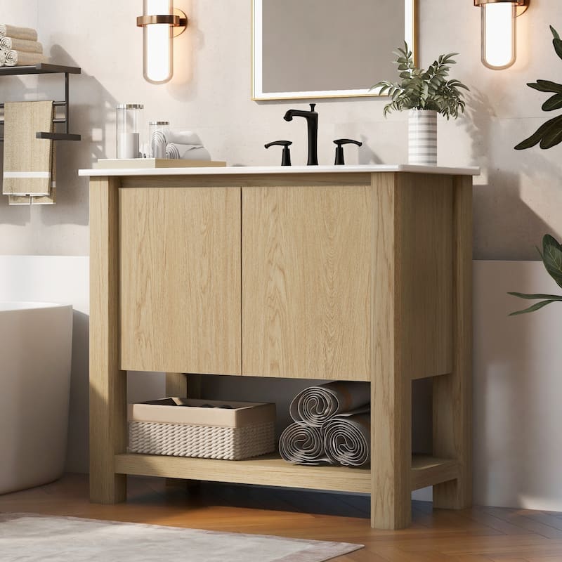 Bathroom Vanity with Ceramic Sink, Bathroom Cabinet with Soft-Closing Doors, Freestanding Cabinet with Open Shelf