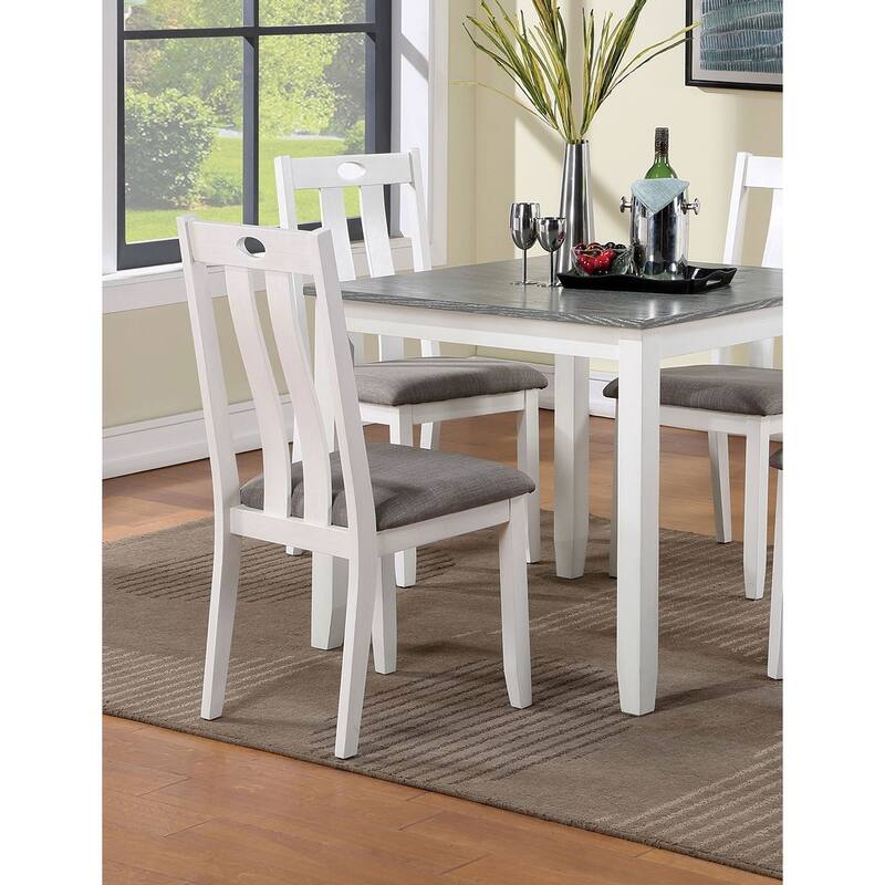 Modern White Solid wood 5pc Dining Set Table 4x Chairs Gray Fabric Cushions Seats Chairs Dining Room