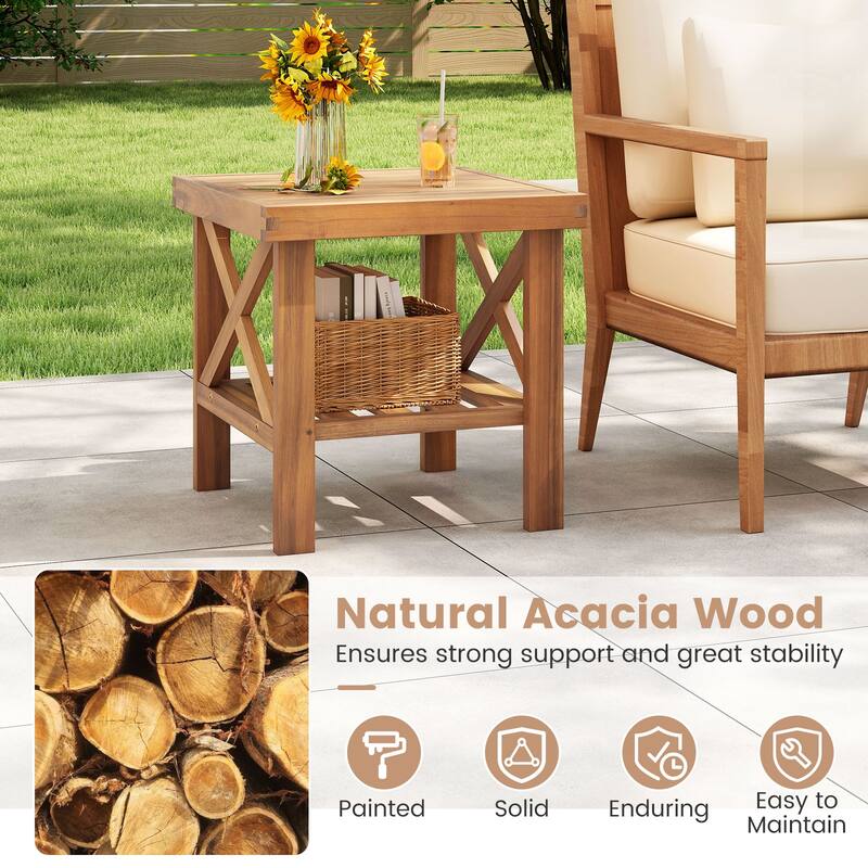 Gymax Outdoor Side Table Acacia Wood Adirondack Table w/ Storage Shelf
