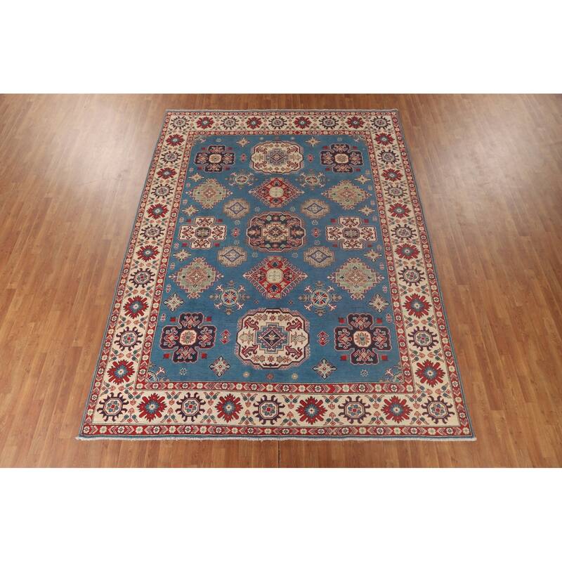 Light Blue Kazak Oriental Area Rug Hand-Knotted Geometric Wool Carpet - 8'4"x 11'2"