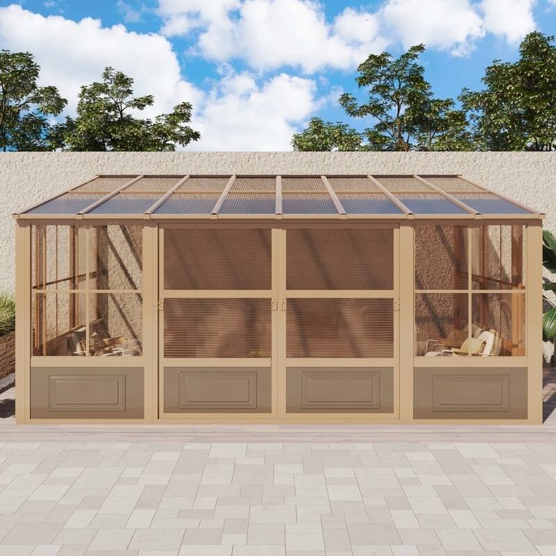 Outdoor Solarium Sunroom,Patio Hardtop Gazebo,All-Season Aluminum Patio Gazebo with with Sliding Doors and Screens