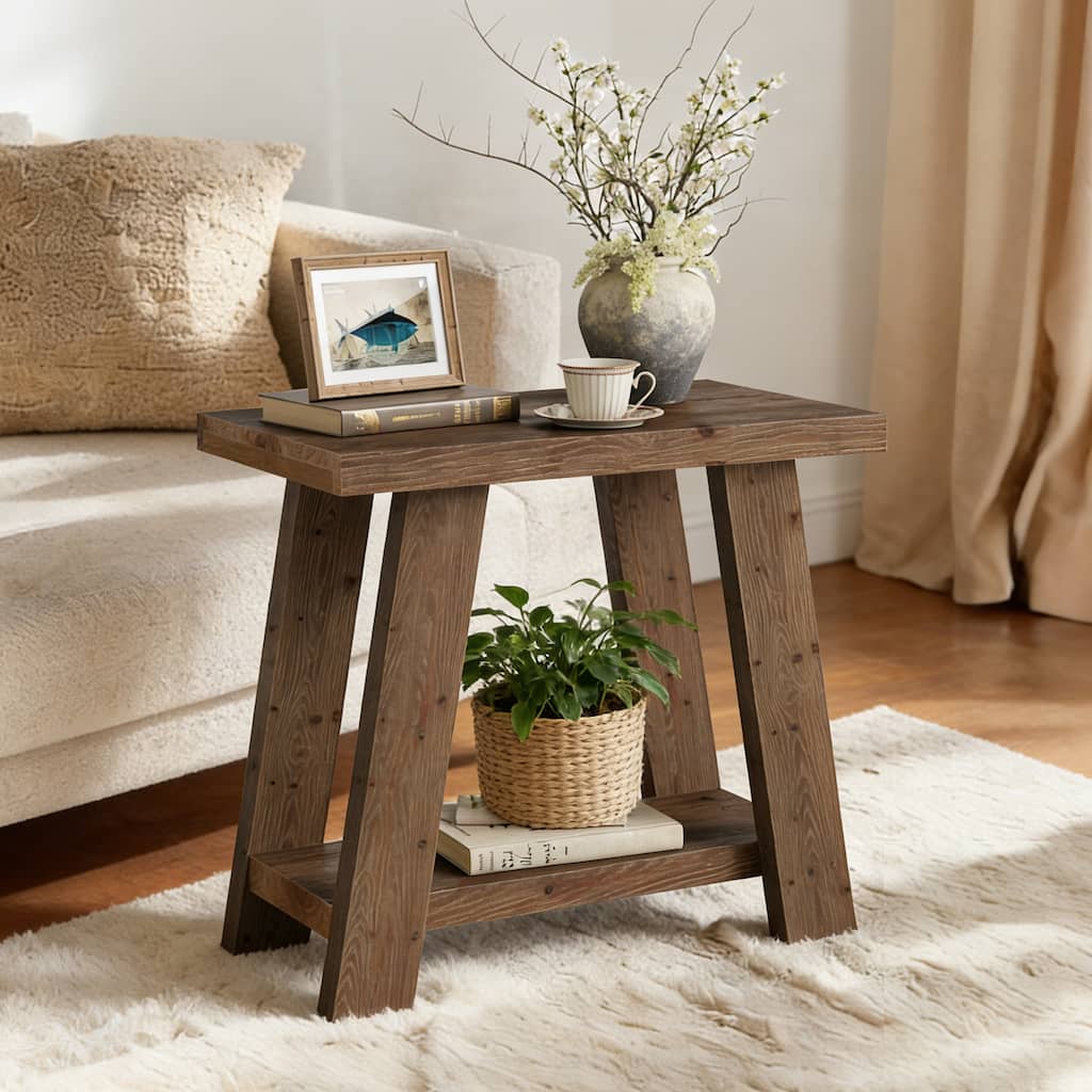 Solid Wood End Table, Small Side Table with 2-Tier Storage Shelf for Living Room, Easy Assembly