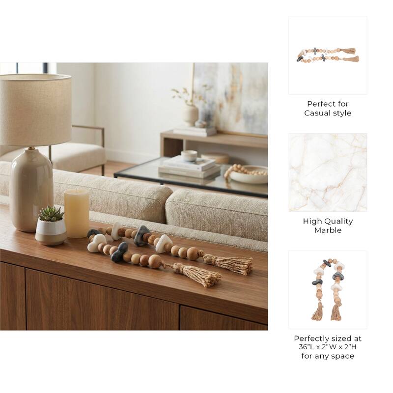 Decorative Acacia Wood Beaded Garland with Marble Heart Accents