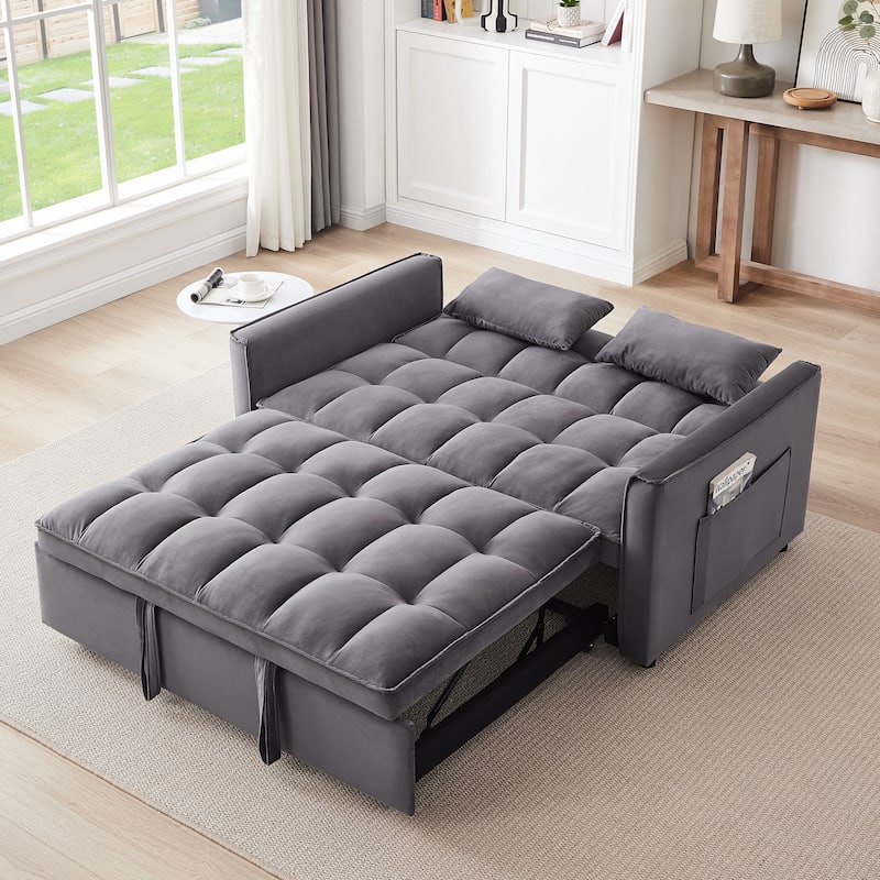 55.1-inch 3-in-1 convertible sofa bed, modern velvet double sofa Futon sofa bed with adjustable back, storage bag and pillow